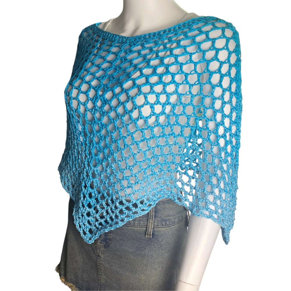 Handmade Crochet Shawl Women Teal Ombre Cotton Boho Poncho - Picture 3 of 12